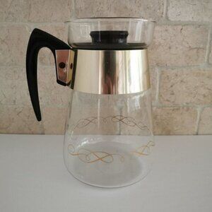 Vintage Corning MCM Coffee Carafe 6-Cup, Black Gold Scroll Pattern Kitchen Decor